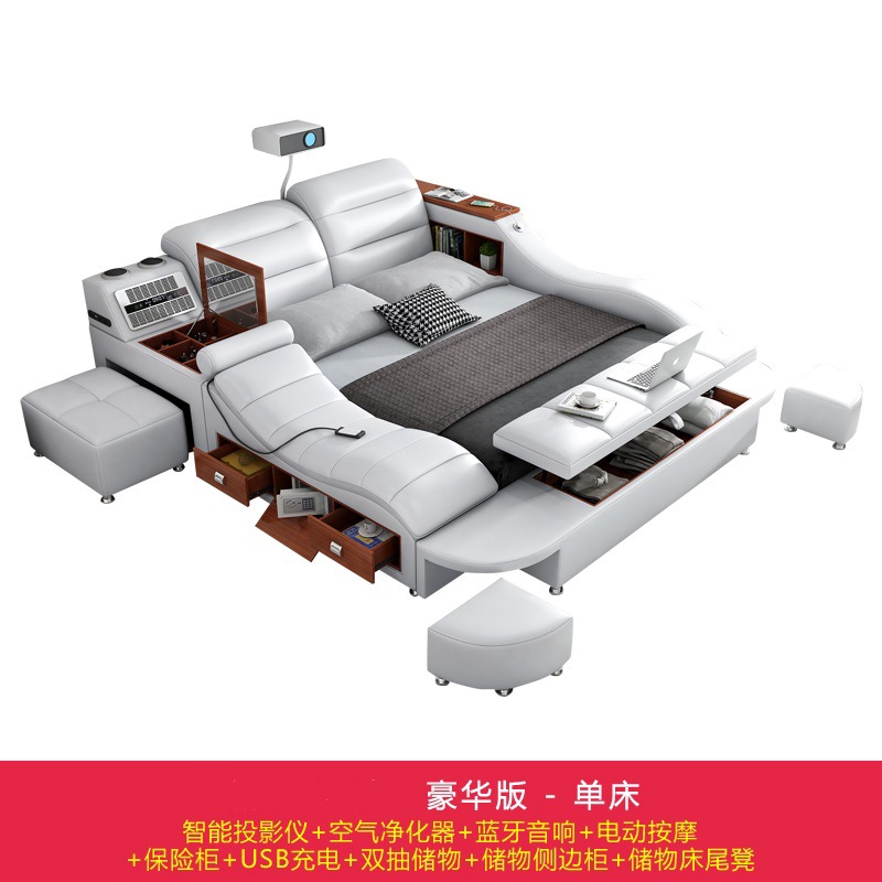Masaje inteligente tatami cama moderna minimalista multifuncional de almacenamiento de cuero real cama suave doble 1,8 m dormitorio principal cama de boda image 9