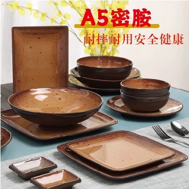 Грубые терракотовые пищевые меламиновые тарелки бытовые термостойкие имитационные фарфоровые тарелки плоские тарелки с холодными блюдами шведского стола