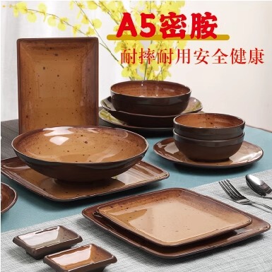 Crude Pottery Food Grade melamine Dinner Plate Household High Temperature Resistant Imitation Porcelain Plate Flat Plate Self-service Cold Dish Serving Dish