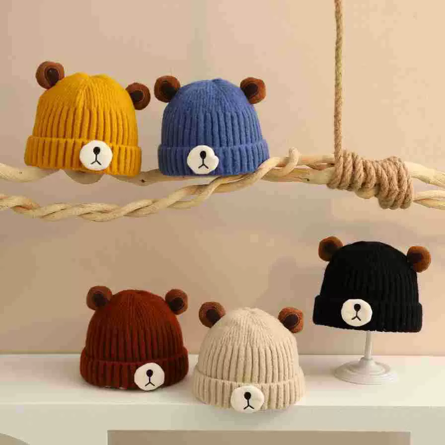 儿童可爱超萌小熊帽子冬季户外防风保暖帽卡通护耳套头儿童针织帽