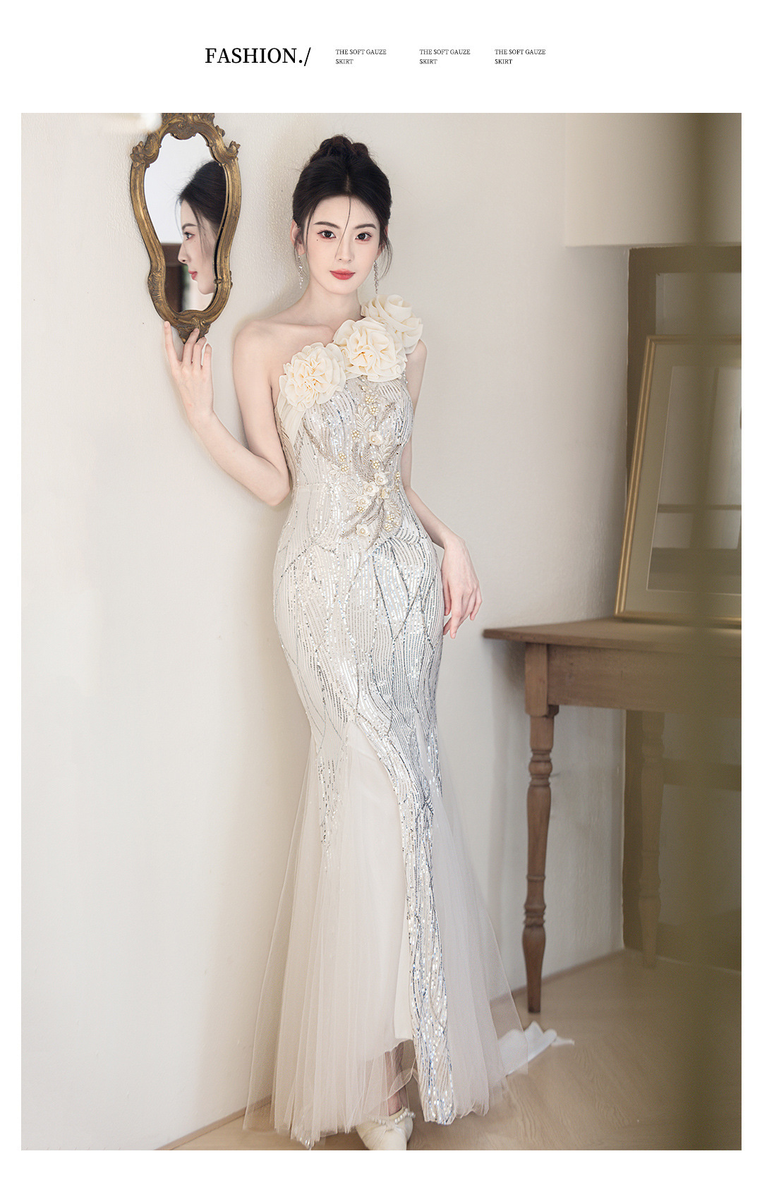 Luxury Mermaid Tail Evening Gown One Shoulder Niche Banquet Host Art Exam Temperament Singer Conductor Runway Show Costume Women's Wedding Party Wear_ecoleips.com