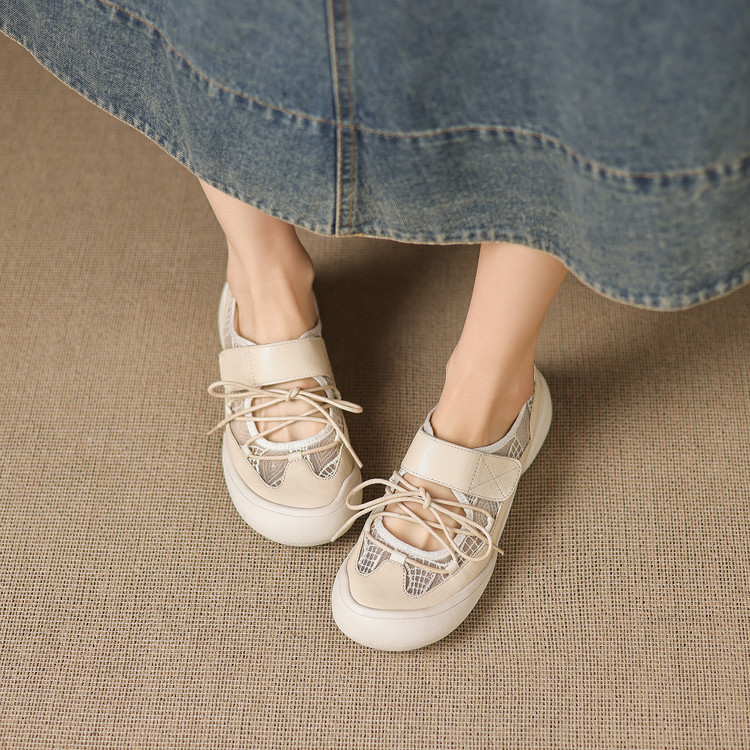Giày sneaker nữ đế dày ren lưới phối màu cổ thấp — màu trắng ngà chi tiết 61