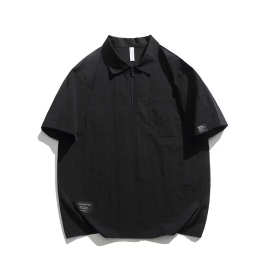 半拉链polo衫短袖男生 夏季薄款日系t恤大码潮牌衬衫五分袖上衣服