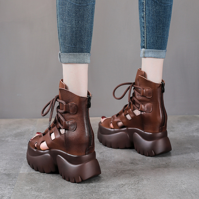 Boot nữ da bò cổ ngắn hở mũi đế cao kiểu La Mã — Màu đen