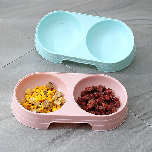 ins macaron pet double bowl wholesale small cat water bowl plastic dog bowl anti-knock over dog basin pet supplies