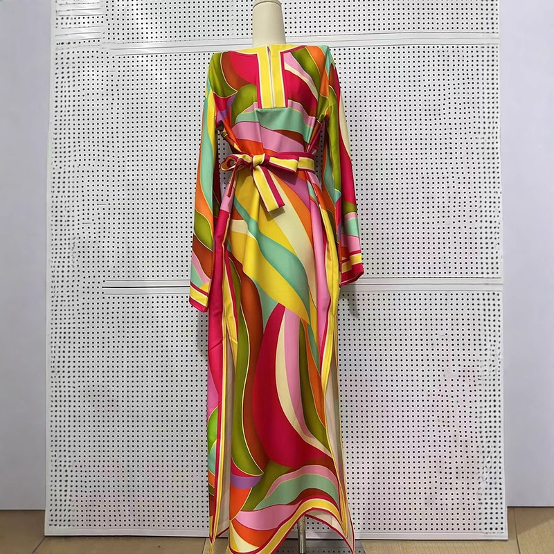 2025 Cross-Border Women's Clothing Retro Geometric Print Lace-Up Waist-Cinching Loose Dress Fashionable Straight Hem Slit Dress
