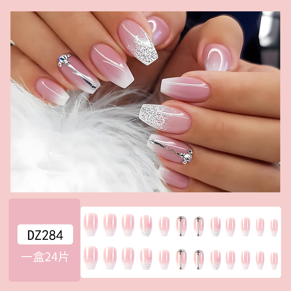 Color rosa blanco color gradiente de plata brillante de diamante de manicura transfronteriza venta caliente suave ligera de lujo desgaste de uñas 24 piezas de parche de uñas falsas image 3