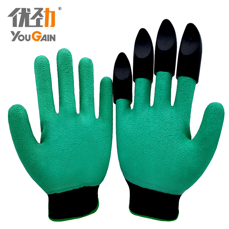 批发塑料带爪花园挖土浸胶劳保手套园艺工作乳胶发泡止滑干活手套