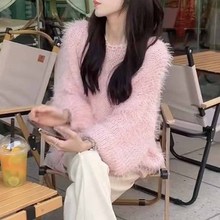 韓國東大門冬季新款設計感慵懶風寬松純色水貂絨毛絨露肩長袖毛衣