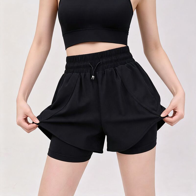 Plus-size women's faux two-piece sports shorts, anti-exposure, quick-dry, breathable, casual pants for running, yoga, and fitness