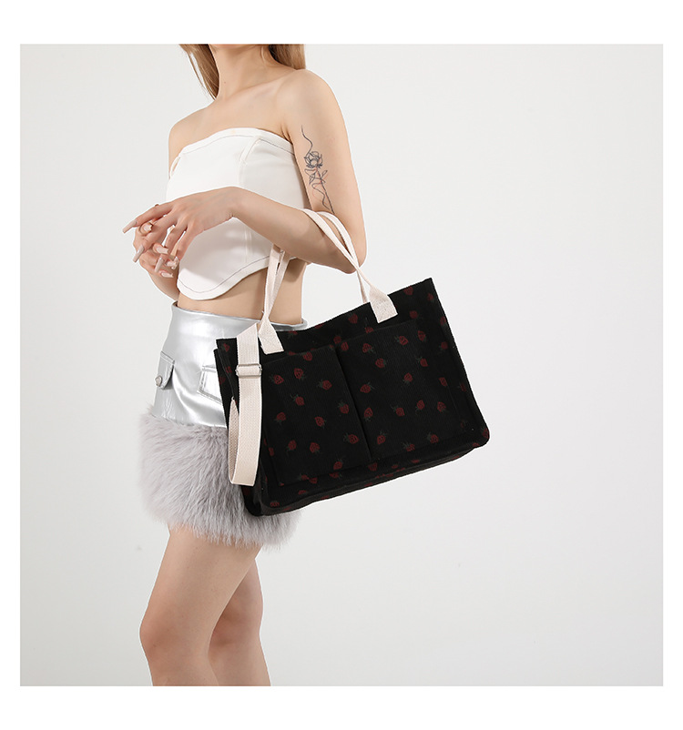 300g Weight Polyester Lining Material Zipper Closure Type Single Shoulder Strap Strap Type Tote Bag Bags Type Casual, School Occasion Corduroy Material Solid Color, Strawberry Pattern All Seasons Season Women's Gender Basic, Classic Style Style Square Shape Large Size Women's Large Corduroy Solid Color Strawberry Basic Classic Style Square Zipper Tote Bag 10
