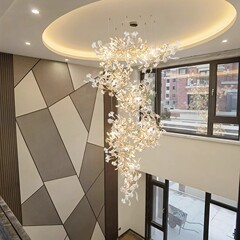 复式楼客厅大吊灯别墅中空大厅楼梯跃层楼中楼设计师餐厅银杏吊灯