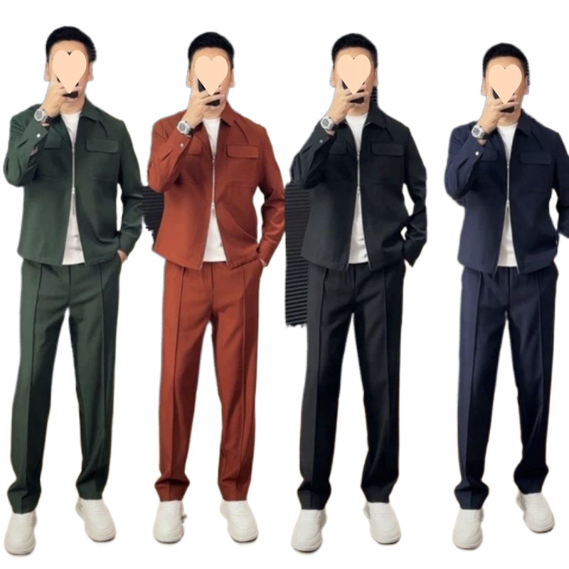 가을과 겨울 성숙한 남자의 높은 럭셔리 패션 트렌드 슬리밍 간단한 하이 엔드 옷깃 재킷 작은 직선 캐주얼 세트