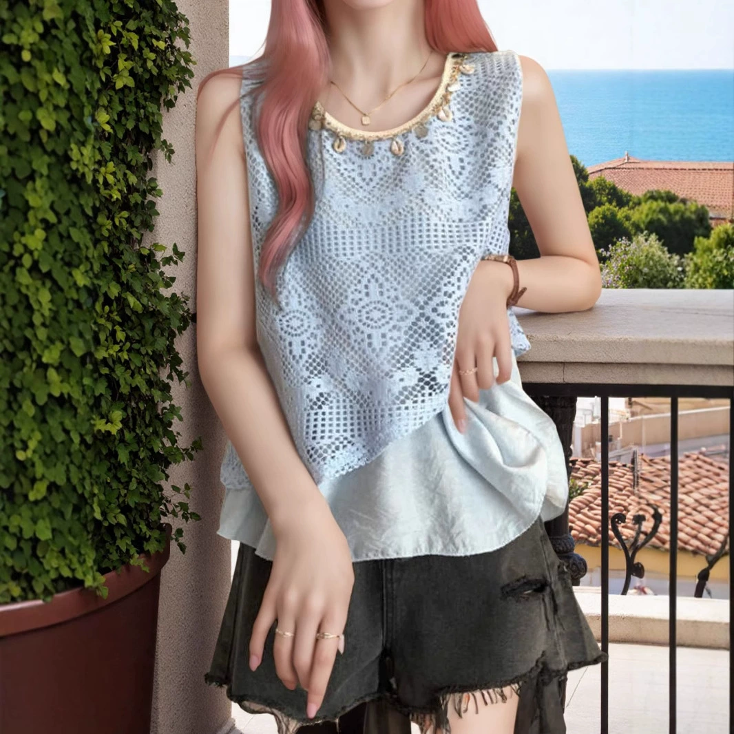 Модный свободный топ в стиле курортного отдыха, кросс-бордер 2025, новый асимметричный фальшивый двухслойный жилет с круглым вырезом и ажурным узором