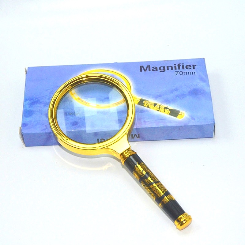 厂家直销手持式10X直径70MM 阅读看报放大镜仿木柄镀金放大镜爆款