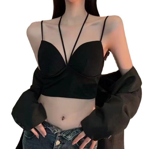 Hot girl top, ice silk halter neck, deep V beautiful back, wholesale chest-wrapped bottoming vest, fixed cup underwear for women