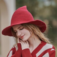 万圣节魔女巫师帽尖顶大帽檐毛线帽cos服装派对巫婆帽道具装饰帽