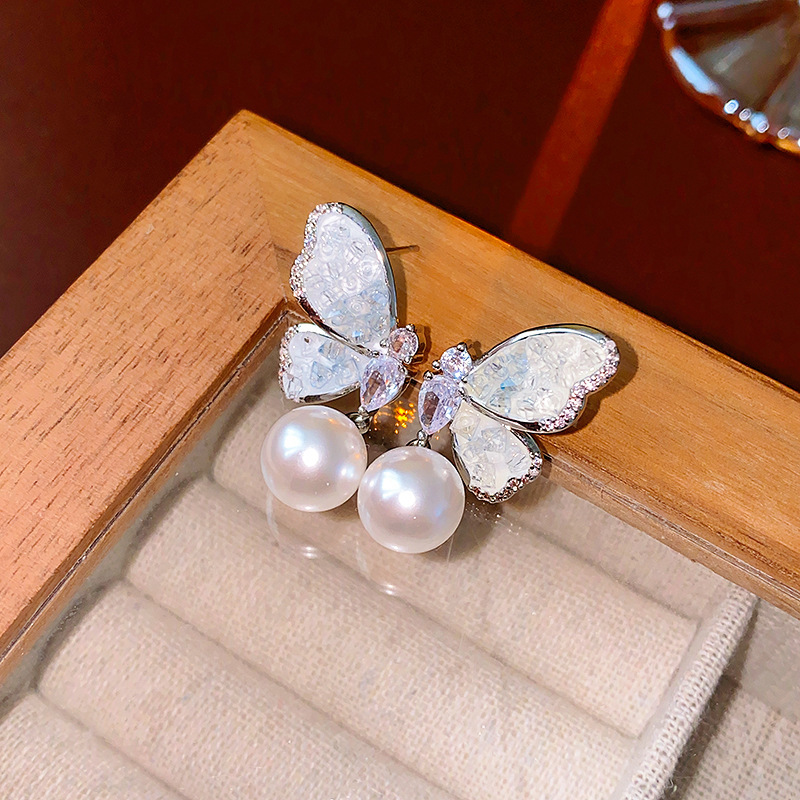 Agujas de plata con diamantes azules mariposa flor aretes de cristal coreanos delicados pequeños pernos frescos de moda para mujeres image 11