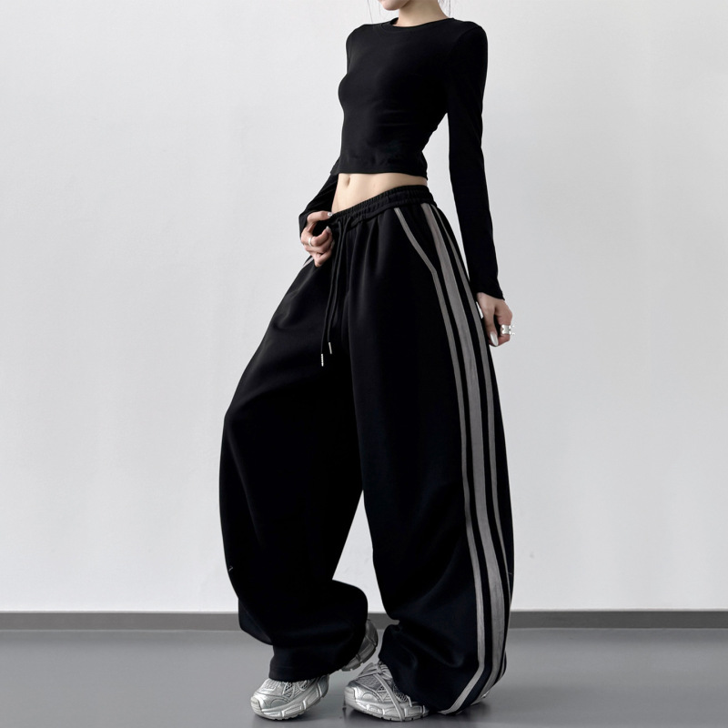 2025 Autumn New American Style Cargo Pants Women's Retro Three Stripes Sports Tall Straight-Leg Casual Pants