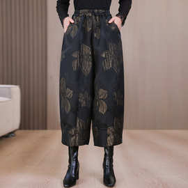 品质保证减龄妈妈欧洲站春秋新款灯笼裤黑金丝提花茧型萝卜九分裤