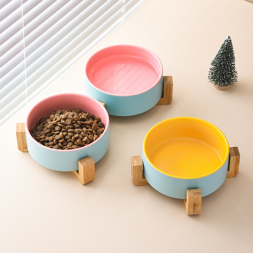 Cat bowl ceramic matte interior and exterior two-color wooden frame pet bowl double bowl cat rice bowl food bowl grain basin water bowl cat and dog food utensils