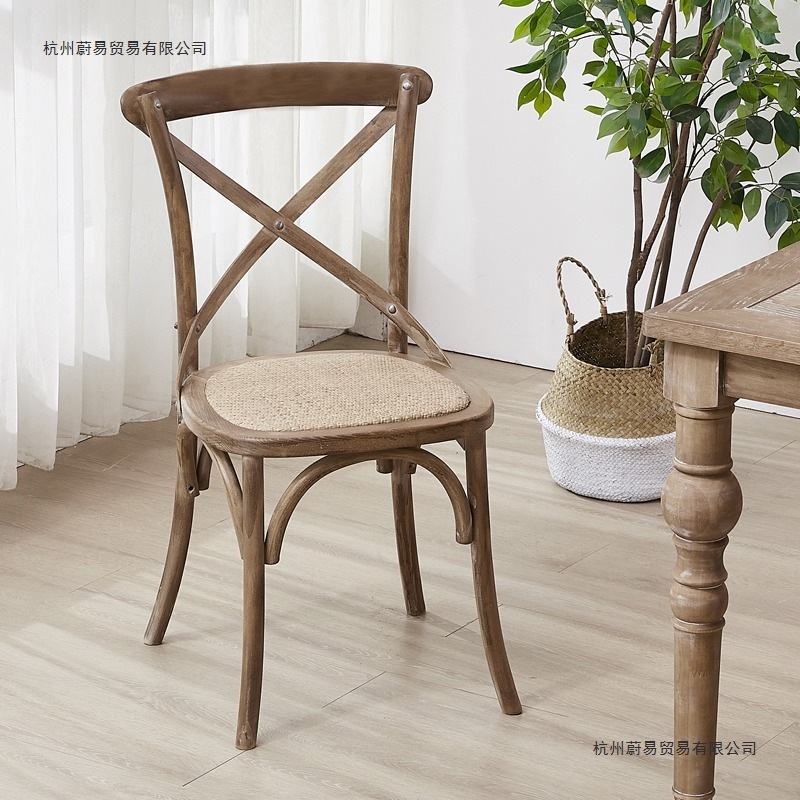 北欧美式实木藤编餐椅复古家用靠背简约原木餐桌休闲餐厅叉背椅子|undefined