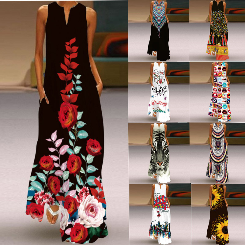 2024 New Summer Women's Sleeveless Long Dress V-Neck Printed Jade Flower Dress European and American Cross-Border Export Women's Clothing 2024 New Summer Women's Sleeveless Long Dress V-Neck Printed Jade Flower Dress European and American Cross-Border Export Women's Clothing
