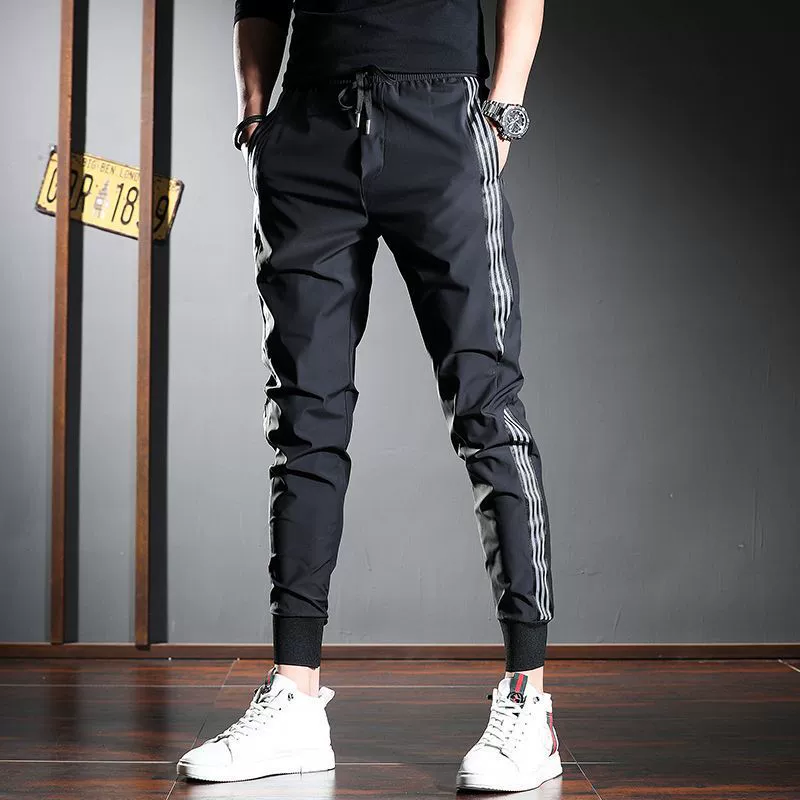 2022 весна/лето, элитные повседневные брюки для мужчин, модные спортивные штаны для бега из ледяного шелка, облегающие брюки в корейском стиле, белые полосатые эластичные брюки