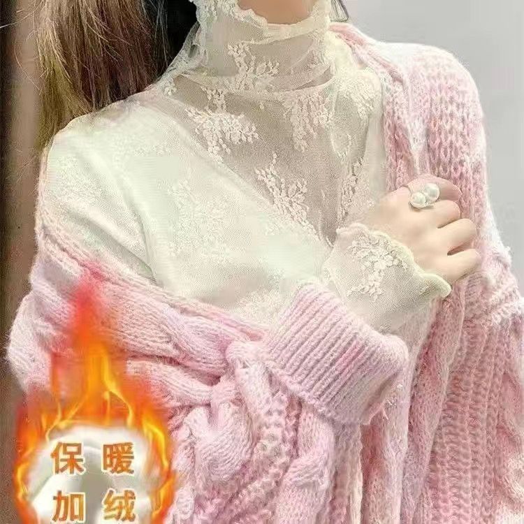 加绒高领蕾丝打底衫秋冬洋气厚款小衫毛衣内搭纱衣白色网纱上衣|undefined