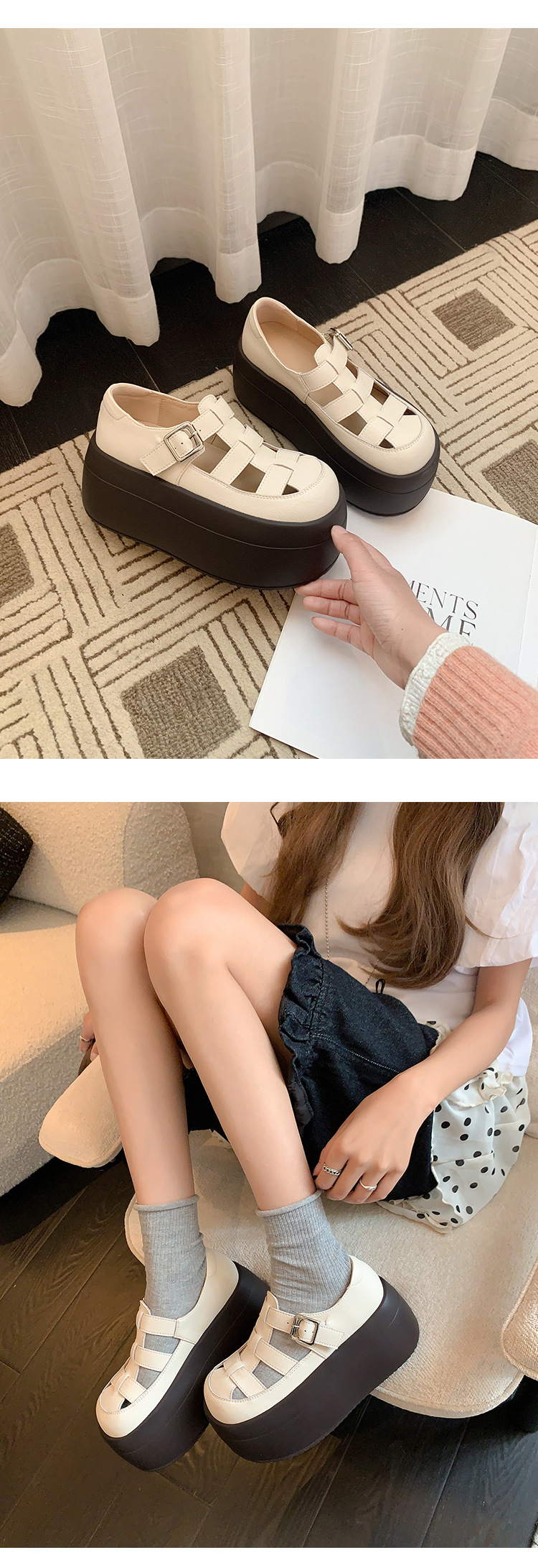 Sandal nữ đế dày bít mũi thể thao đi biển, đan thoáng khí — màu đen, màu trắng ngà chi tiết 19