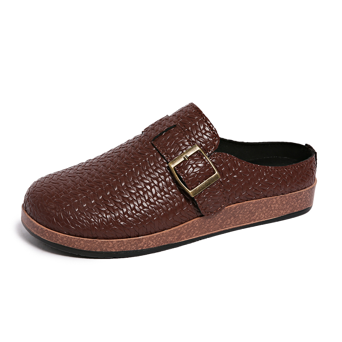 Summer Plus Size Retro Closed Toe Slippers For Women, Flat Low Heel, Wearable With Belt Buckle, Half Slippers_vogvips.com