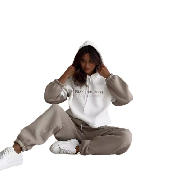 AliExpress Explosions European and American Women's Long-sleeved Hooded Color Top Casual Tether Trousers Fashion All-match suit Women