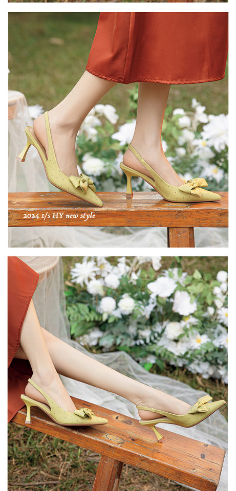 Giày sandal nữ bít mũi mũi nhọn gót mảnh đính đá nơ quai ngang, gót 6–8 cm — Màu mơ, Màu đen chi tiết 8