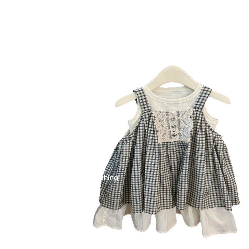 Qianqi niñas ropa infantil de mujeres Baoshan encaje suelto estilo extranjero pantalones de alta gama chaleco a cuadros