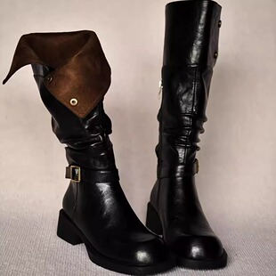 Cowhide version ~ 2025 winter new thick-soled fashion boots retro two-sided high boots belt buckle knight boots boots