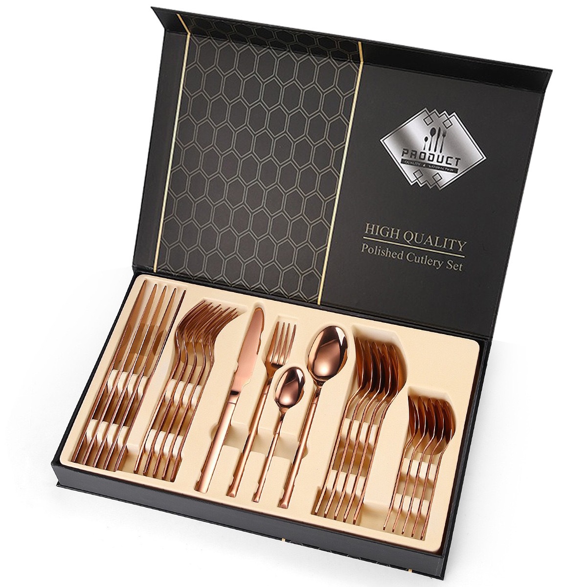 Vajilla de caballero de acero inoxidable de Amazon transfronterizo, bistec occidental, cuchillo, tenedor, cuchara, cuchara de postre, juego de caja de regalo de 24 piezas