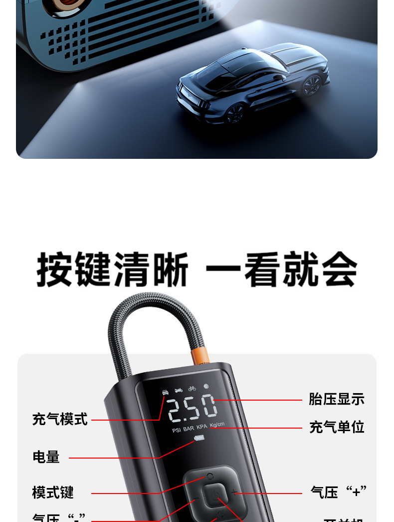 Car Air Pump with Tire Pressure Measurement Electric Car Tire Air Pump Portable Air Pump Wireless Air Pump