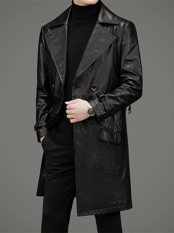 Leather jacket, winter long suit for leisure, 2023