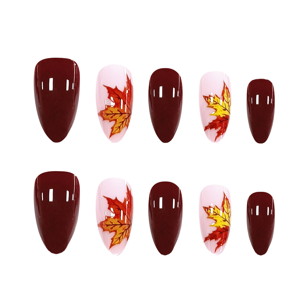 Ventas transfronterizas de vinos rojos de hoja de arce de manicura retro otoño atmósfera de uso de uñas 24 piezas de parche de uñas