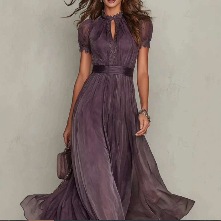 2026 European and American Fashion Cross-Border New Style Purple Waist-Cinching Long Dress with Lace Splicing and Elegant Temperament