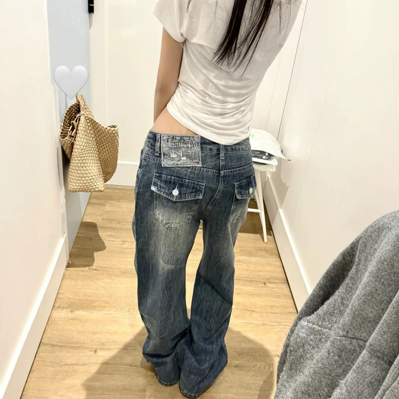 Embroidered Logo Washed Retro Blue Wide-Leg Jeans for Women 2026 Summer New High-Waisted Loose Slimming Casual Straight Pants Embroidered Logo Washed Retro Blue Wide-Leg Jeans for Women 2026 Summer New High-Waisted Loose Slimming Casual Straight Pants