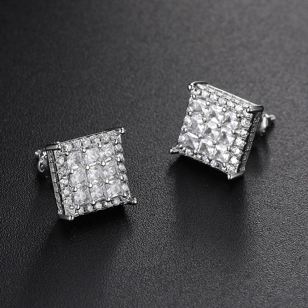Square Full Diamond Thread Earrings For Men Trendy Studs_voghion.com