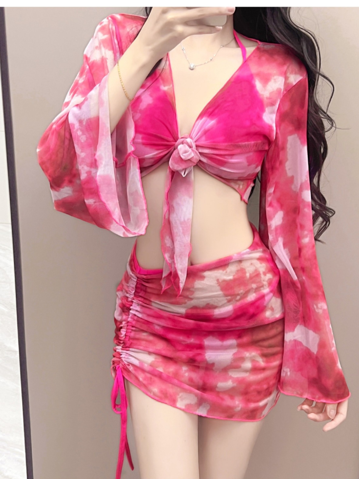 Yan Bikini cuatro piezas bikini trajes de baño para mujeres divididos nuevos trajes de baño de mangas largas delgados mujeres policia 7080
