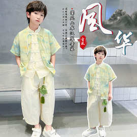 儿童装男童夏季汉服套装2025新款古风夏装短袖唐装男孩中国风潮装