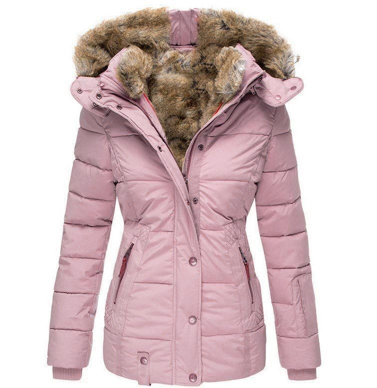 En stock Deseo Amazon invierno cálido Cuello de piel abrigo de algodón-acolchado cremallera de las mujeres de manga larga con capucha delgada abrigo de algodón-acolchado W128