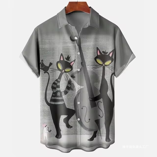 Lapel Short Sleeve Top Cross-Border 3D Pattern Style Egyptian Cat Summer Shirt Men's and Women's 2024 Summer Shirt Men's