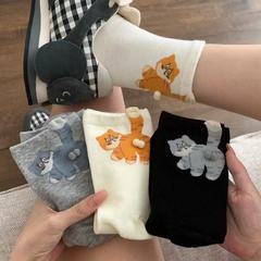 白色卡通猫蛋蛋袜子女夏季ins可爱搞怪中筒袜秋季新款月子袜