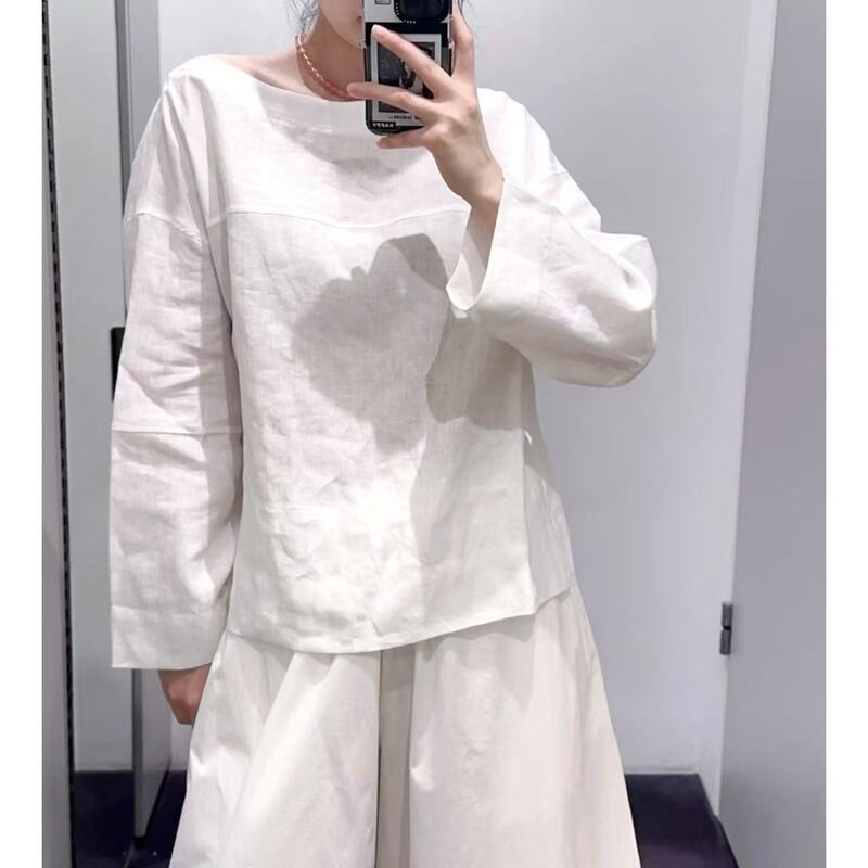 CS Women's Casual Lace-up Detail Linen Shirt White 2025 Summer New 1274210001