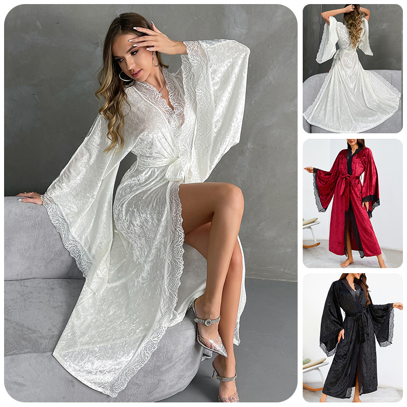 Mufei Cross-Border Long Velvet Lace Patchwork Nightgown Autumn and Winter Sexy Bell-Sleeve Tie Large Size Loungewear 623 Mufei Cross-Border Long Velvet Lace Patchwork Nightgown Autumn and Winter Sexy Bell-Sleeve Tie Large Size Loungewear 623