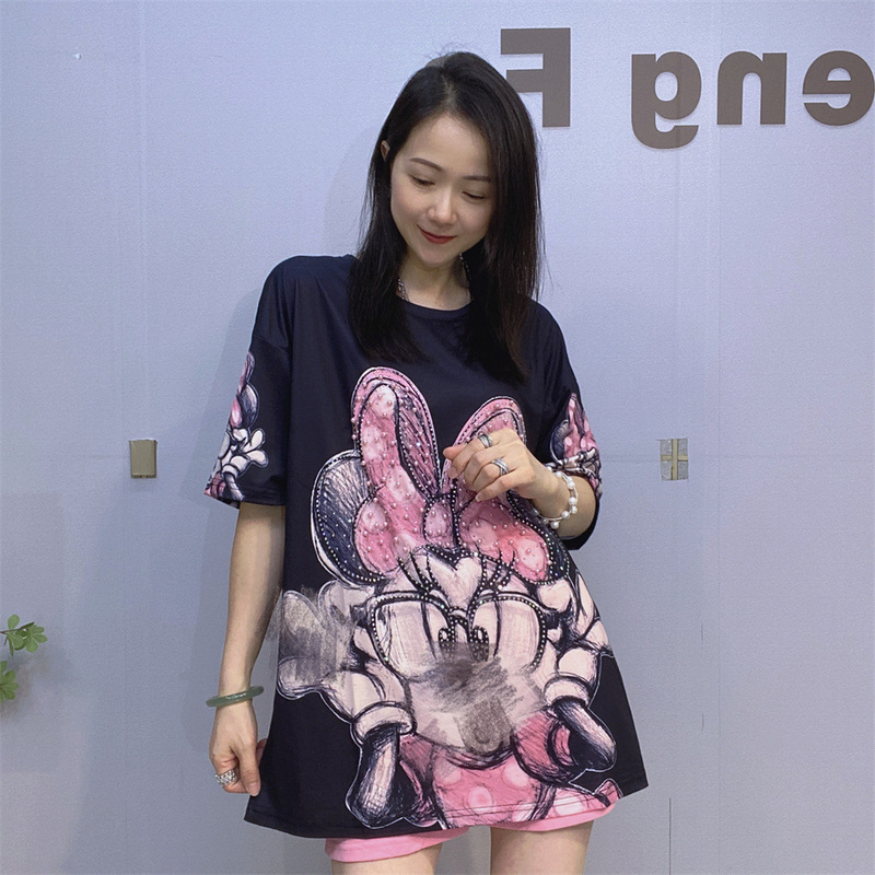 Summer Round Neck Pullover Printed Short-Sleeve Top Women's Clothing 2026 Fashion Heavy Beading Women's Rhinestone T-Shirt